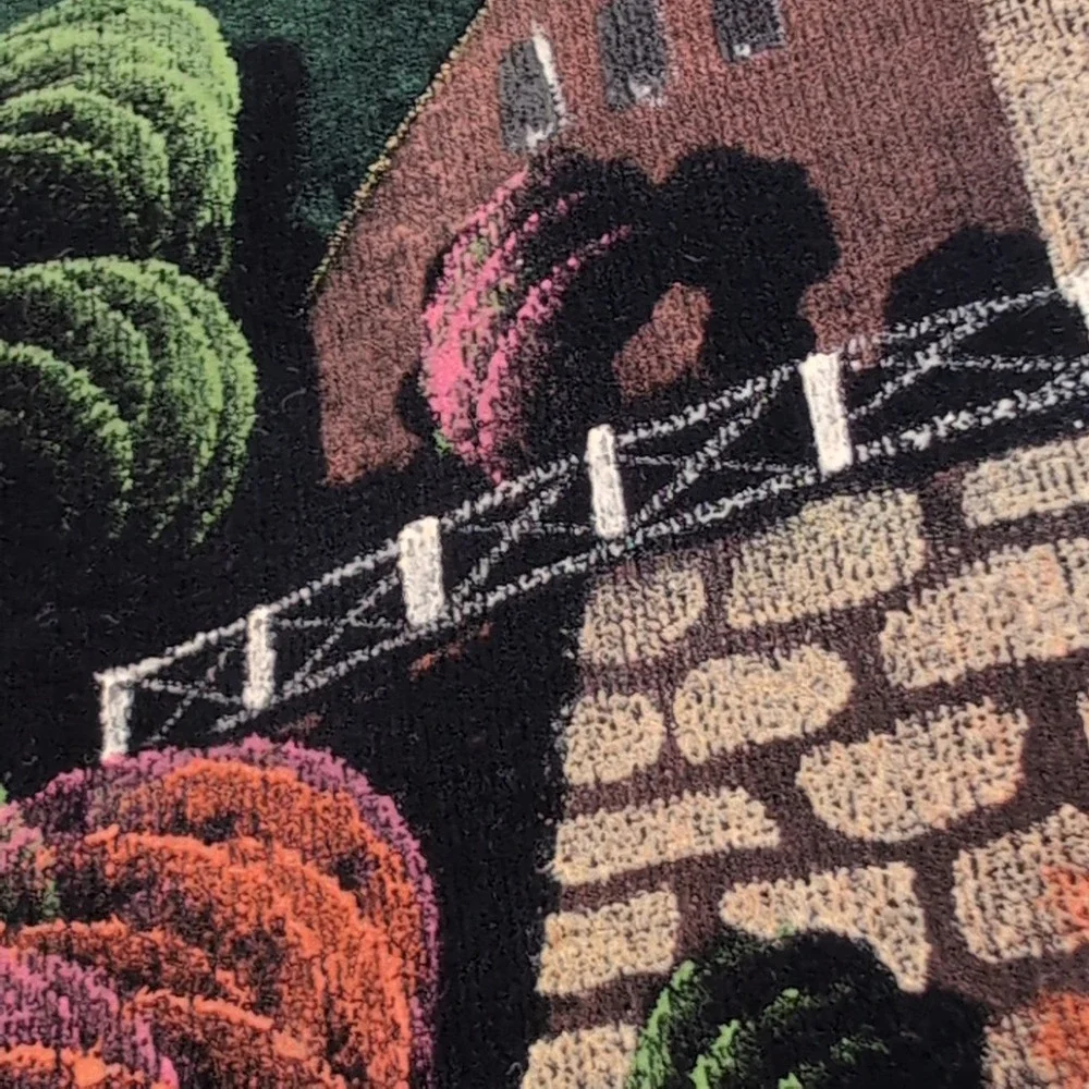 Vintage Hand Painted Velvet Painting Wall Hanging Colorful Village Folk Art MCM
